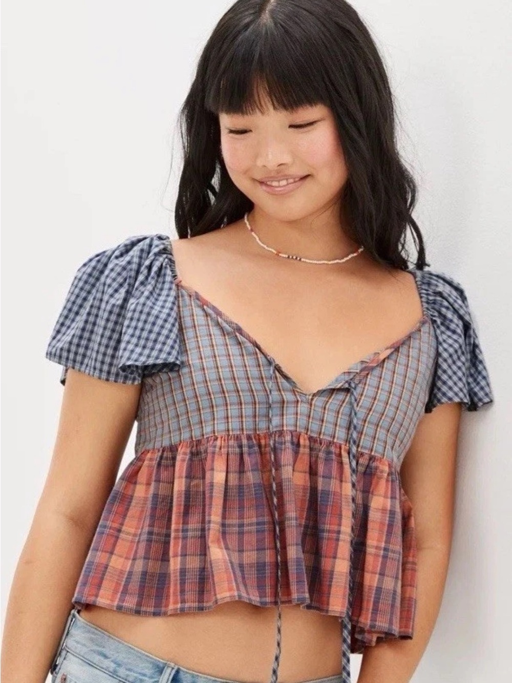 American Eagle Women’s L Colorful Patchwork Plaid Babydoll Top Ruffle Sleeve